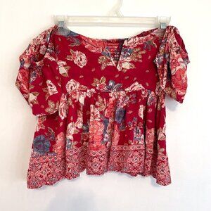 ANGIE Split Neck Top Red Pink Floral Off the Shoulder Short Sleeve Boho Crop Top
